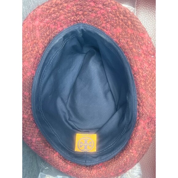 Tory Burch Burgundy & Red Glistening Tweed winter Fedora Hat Black Interior - Picture 5 of 6